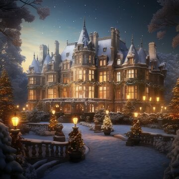 A Medieval Castle Aglow with Holiday Splendor, generative AI 
