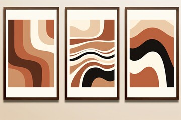 three art prints poster framed hanging on wall decor collection set, beige brown earth tone color, Generative Ai