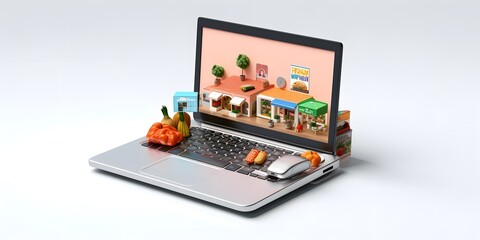3d supermarket laptop isolated white background 3d image