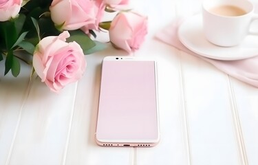 beautiful peony flowers and phone on light wooden table for freelancing business card decor