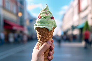 The Joyful Moment of Ice Cream Delight on a Vibrant Urban Boulevard