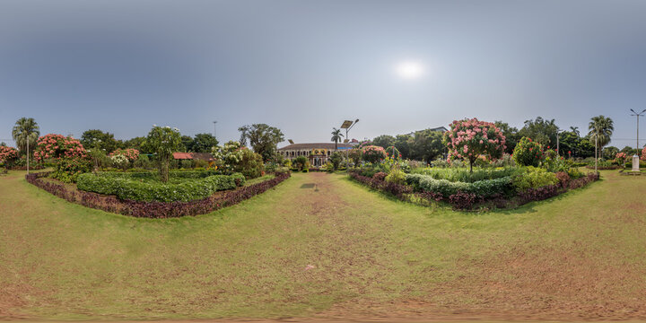 full spherical 360 hdri seamless panorama in equirectangular projection, panorama in park green zone with flowers in indian city, VR content