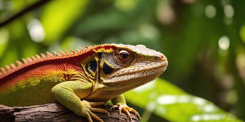 Fototapeta premium Tropical lizard in jungle on a sunny day. Rainforest illustration with bright colorful reptile among exotic plants with big leaves. Background with pristine nature landscape. Generative AI