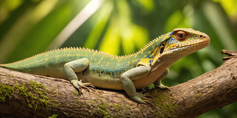 Fototapeta premium Tropical lizard in jungle on a sunny day. Rainforest illustration with bright colorful reptile among exotic plants with big leaves. Background with pristine nature landscape. Generative AI