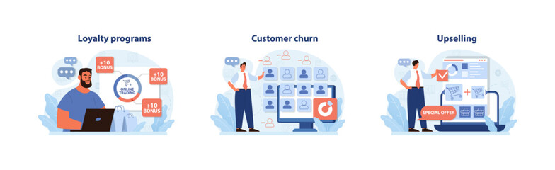 Customer journey trio. Enthusiastic professional reveals loyalty bonuses, a focused expert examines churn graphs, and a saleswoman showcases upselling techniques. Boosting sales dynamics. Flat vector.