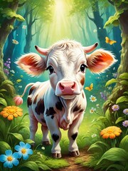 Painting of a cute cow in the forest, Ai