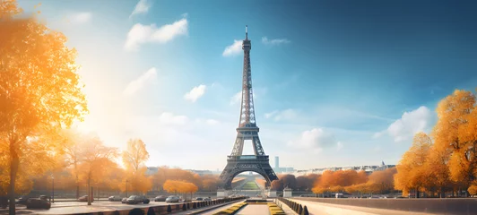 Gordijnen Eiffel Tower in autumn with bright sun, ai generative © Andi