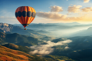 Hot air balloon flying over in the mountain with blue sky background