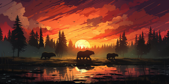 sunset in the forest with bears walking digital art wallpaper