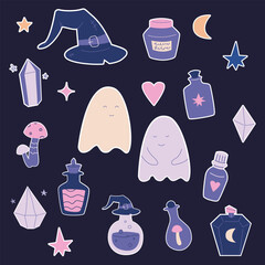 Magic items flat vector stickers packs. Cute cartoon Halloween illustrations set. Witch hat, ghosts, crystals and magic potions icons bundle