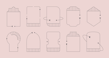 Minimal aesthetic linear frames, arches with decorative stars, moons. Boho geometric vector window, door set