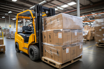 Forklift lifts large boxes between rows in a large warehouse