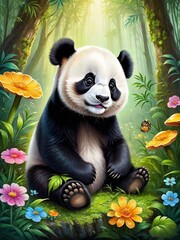 Painting of a cute panda in the forest, Ai