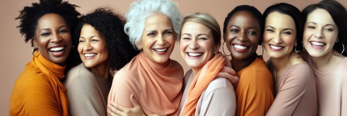 Women day. Happy women of all ages and race together, smiling and hugging each other. Diversity 