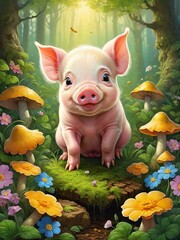 Painting of a cute pig in the forest, Ai