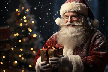 Santa Claus holding gift box with toy on christmas day