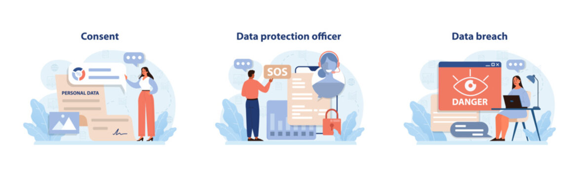 Data Privacy set. Essential aspects of online security. Woman gives consent for personal data, man sends SOS for help, expert monitors data breach. Threats and safety in the digital world.