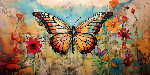 A patchwork collage of a abstract butterfly. A assemblage of textured elements. Vibrant colours - 681099929