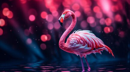 A majestic neon pink flamingo stands gracefully amidst a dreamy backdrop of glowing bokeh lights, creating a surreal and vibrant wildlife portrait. 