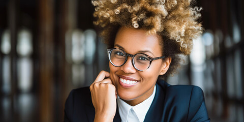 A business woman in glasses with afro hair poses in a suit.