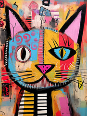 A patchwork collage of a abstract cat. A assemblage of textured elements. Vibrant colours	 - 681100168
