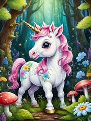 Naklejka premium Painting of a beautiful unicorn in the forest, Ai