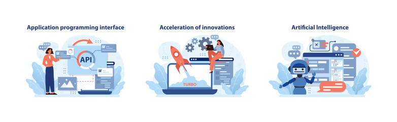 Digital Business advances. Integrating APIs, propelling innovation, and leveraging AI. Pioneering the tech frontier for business solutions. Flat vector illustration. - obrazy, fototapety, plakaty