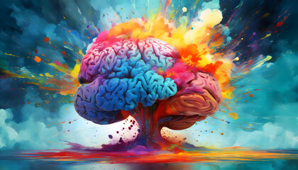Nuclear multicolor explosion forming a brain as a brainstorm ideas and creating a mass of splash paint - obrazy, fototapety, plakaty