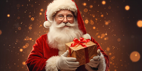 Merry Christmas, New Year's Eve concept, Happy Santa Claus holding gift box over defocused blue bokeh background with copy space, generative ai