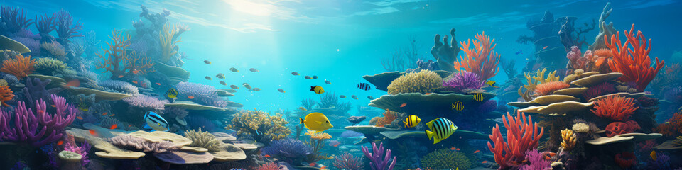 Fototapeta na wymiar Underwater world with corals and tropical fish. Sunlight breaks through the surface of the water.