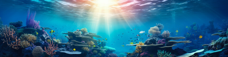 Naklejka premium Underwater world with corals and tropical fish. Sunlight breaks through the surface of the water.
