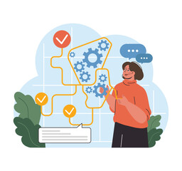 Problem-solving dynamics concept. Woman integrates cogs into flowchart, optimizing processes. Divergent thinking, efficiency boost. Flat vector illustration.