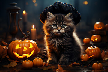 Little cat and pumpkin on Halloween day