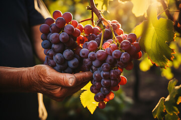 Gardener picking fresh grape during wine harvest