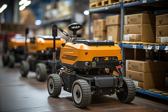 Modern logistics warehouse with cargo-lifting robots