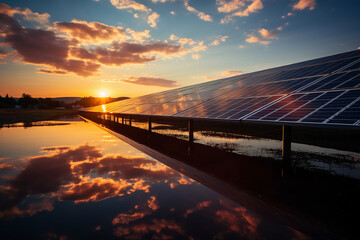 Solar panels on the sunset background