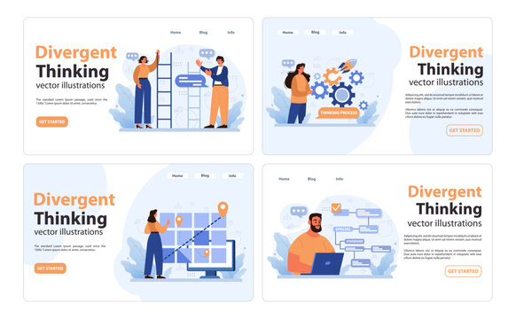 Divergent Thinking set. Professionals exploring multiple solutions. Brainstorming, creativity boost, innovative thought paths. Generating diverse ideas. Flat vector illustration.