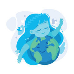 Ecology with Girl Character Embrace Earth Globe Enjoy Sustainable Lifestyle Vector Illustration