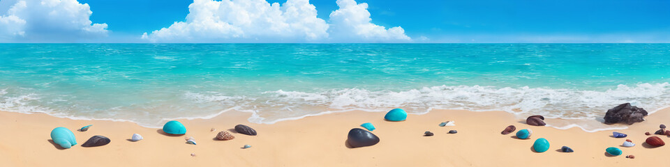 Fototapeta na wymiar Panorama of ocean beach on a sunny day with many shells and sea stones. Seascape illustration with sand beach, turquoise water and sky with white clouds. Generative AI