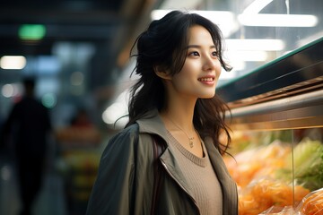 A young Asian girl in a grocery store chooses groceries