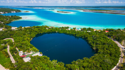 Aerial view of cenote in Bacalar Mexico travel holiday destination - obrazy, fototapety, plakaty