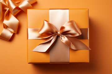 Orange gift box with black ribbon on orange background