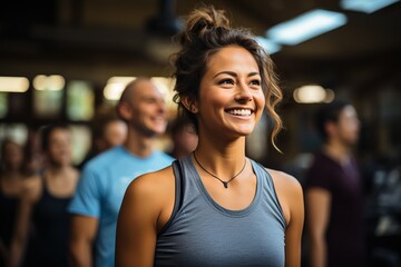 Radiant young woman smiling confidently at a bustling gym