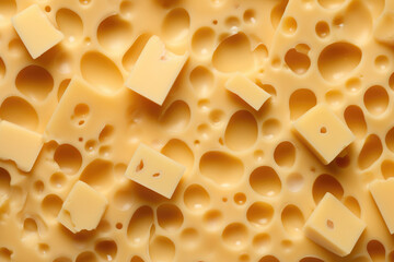 Texture of emmental cheese , top view macro, cheese with holes on it