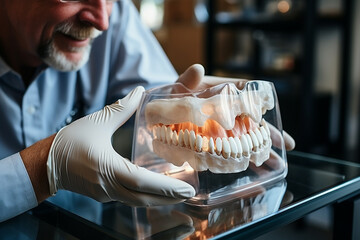 Dentist examines dental x-ray film of patient dental health - obrazy, fototapety, plakaty