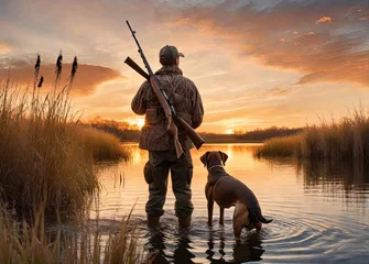 Fototapeten A person hunts ducks with a dog © Faris