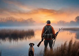 Foto op Canvas A person hunts ducks with a dog © Faris