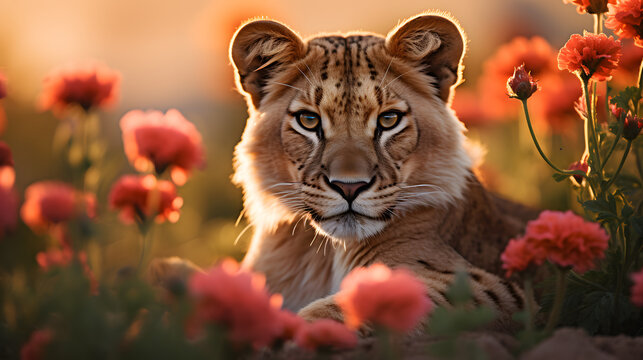 A liger, with a vibrant flower field as the background, during a warm summer evening