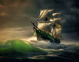 Historisches Segelschiff mit gesetzten Segeln im Sturm. Piratenschiff - obrazy, fototapety, plakaty