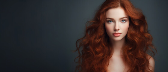 Fototapeta premium red hair and freckles woman with open eyes t. Beautiful portrait woman, advertising skin isolated on dark gray background,